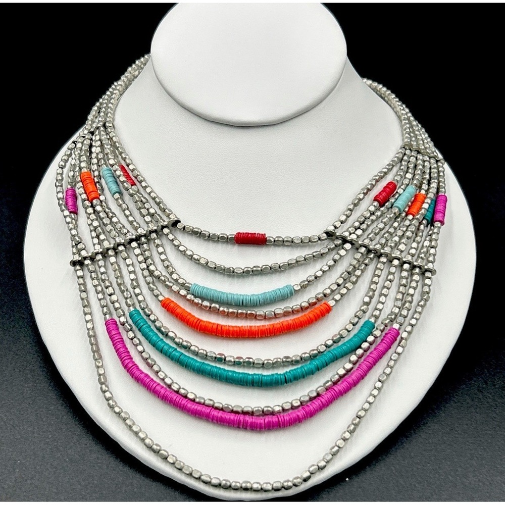 Multicolor 7 Row Multi Layered Necklace Silver Tone Narrow Oblong Bead Chain
